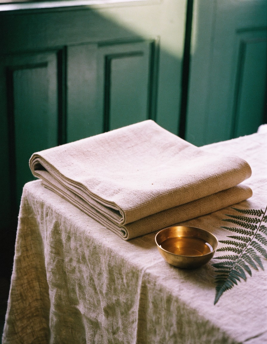 Folded Thai yoga mat of woven cotton on linen, a small brass oil bowl, and a pressed fern.