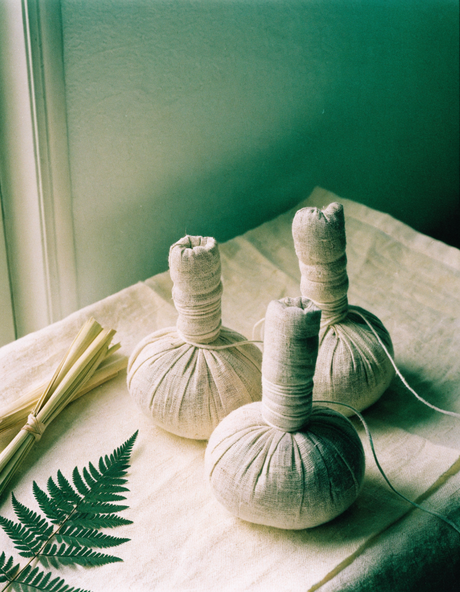 Three Thai herbal compress pouches on cream linen with lemongrass and a fern leaflet.