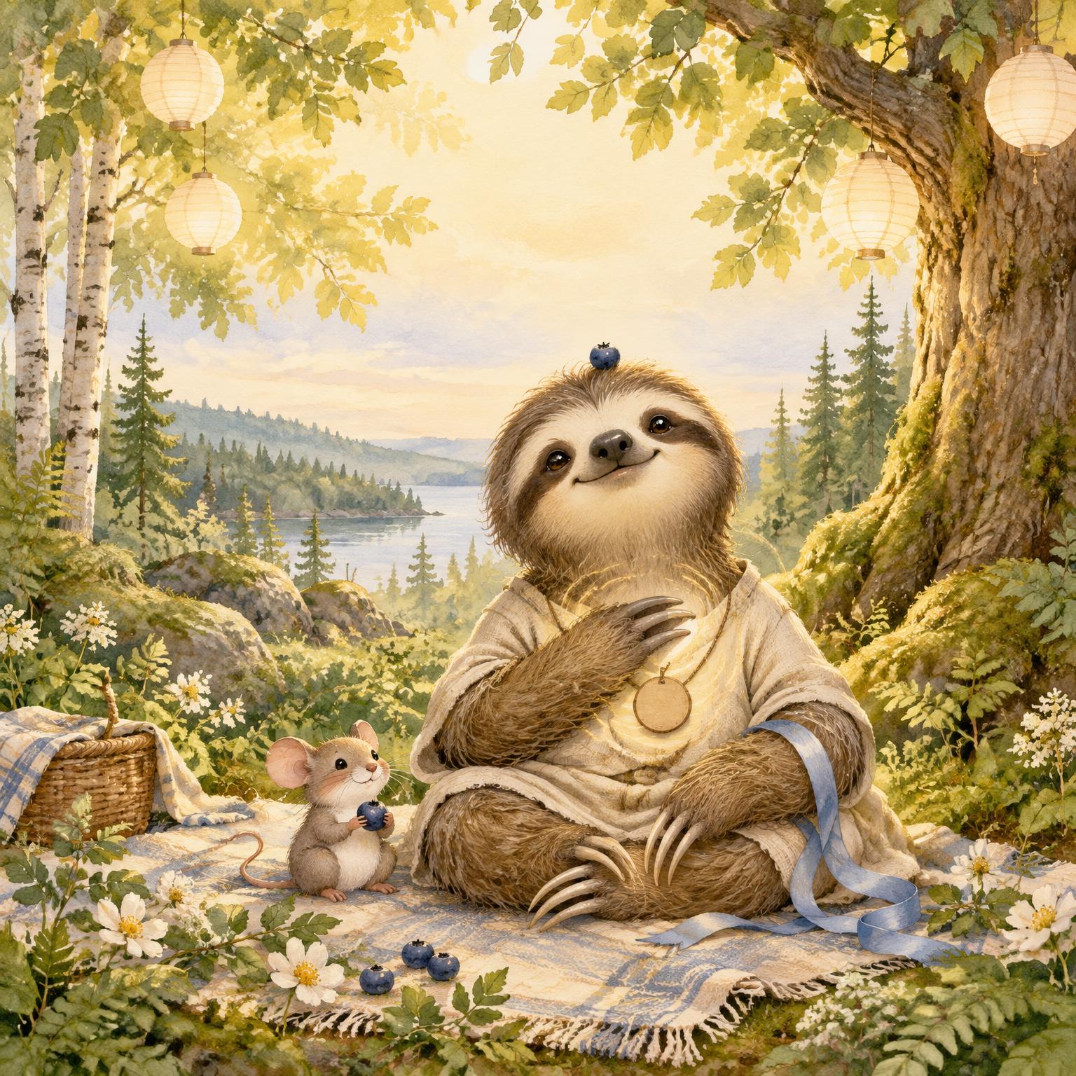 Cover of Sathu Learns Mettā: Loving-Kindness by Shannon Scott: Sathu the sloth sits at a picnic under the Kindness Tree with a berry on his head and a little mouse beside him
