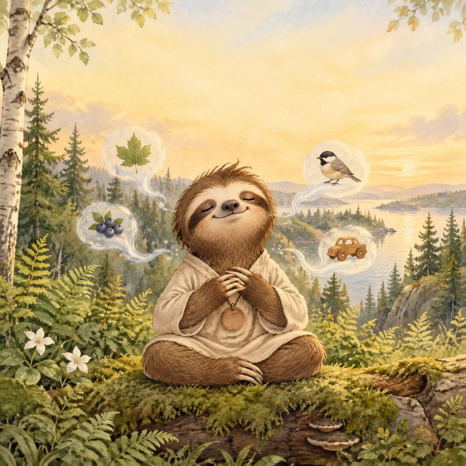 Cover of Sathu Learns Mindfulness by Shannon Scott: Sathu the sloth sits cross-legged in a fern clearing with his hands at his heart